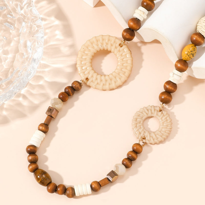Fashionable All-match Ethnic Style Accessories Bohemian Vacation Style Random Wooden Bead Beaded Grass Woven Long Necklace