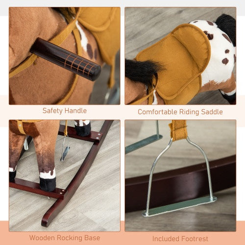 Qaba Kids Metal Plush Ride-On Rocking Horse Chair Toy With Realistic Sounds - Dark Brown White