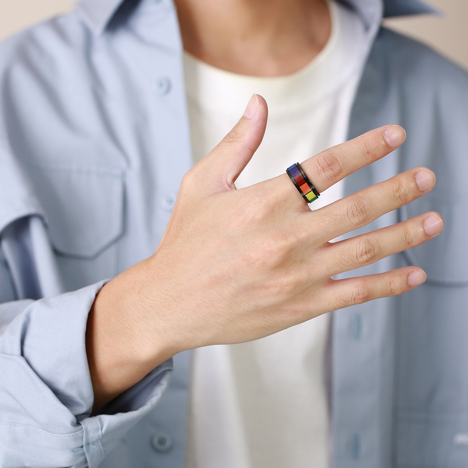 Rainbow Drop Glue Rotatable Ring For Men