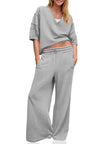 Fisoew Womens 2 Piece Outfits Casual V Neck Shirts Wide Leg Running Long Pants Loose Workout Tracksuit Sets
