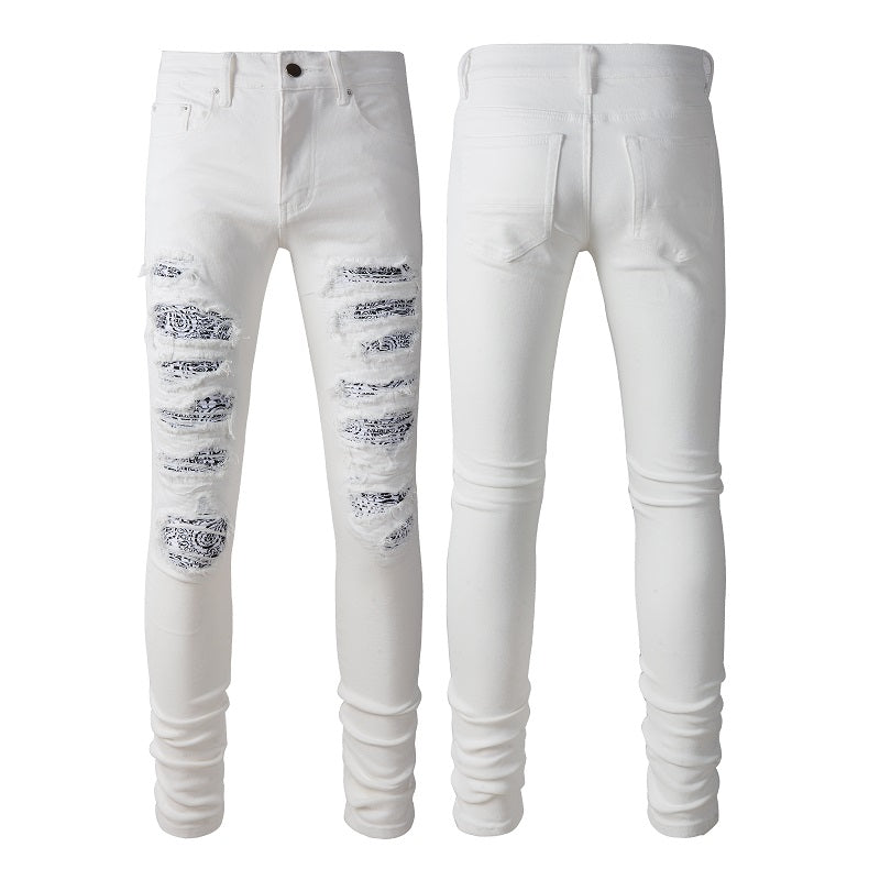 White Cashew Flower Patch Torn Jeans