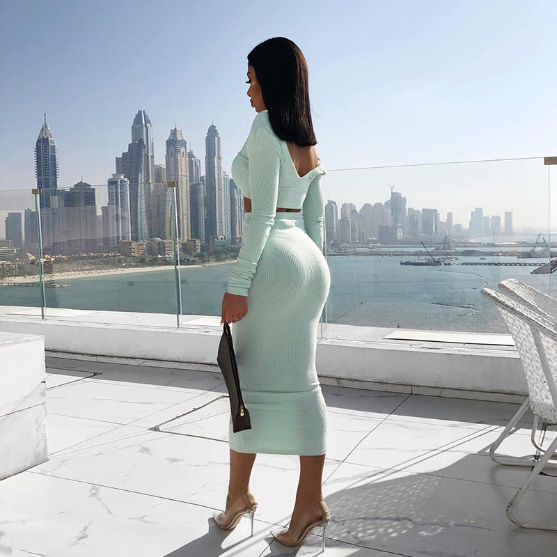 Cotton pit strip long sleeve two-piece skirt