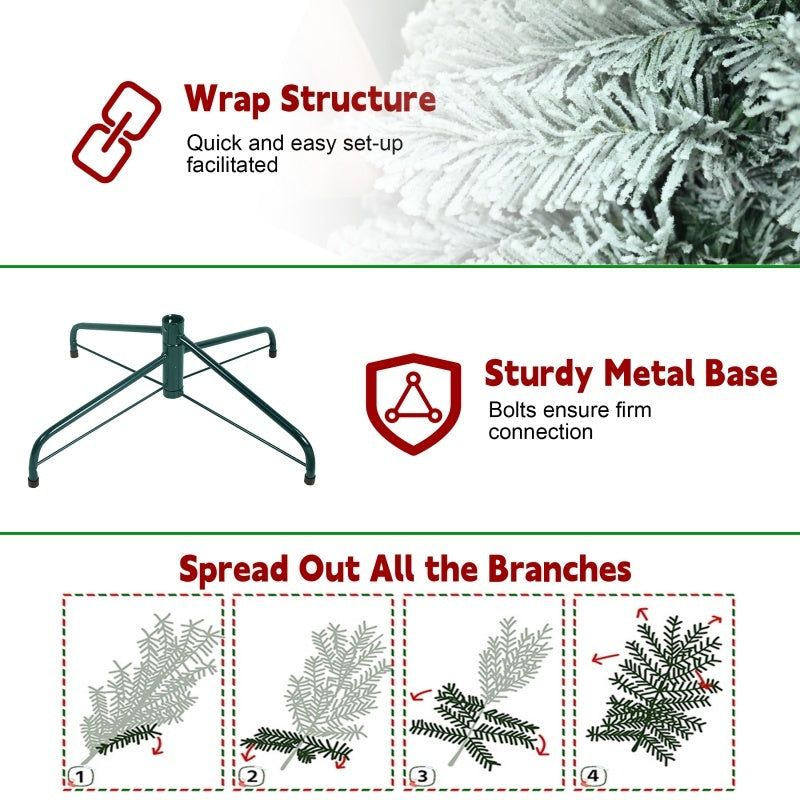 5FT 6FT 7FT Pre-Lit Flocked Pencil Christmas Tree, Artificial Fir Snow Slim Skinny Christmas Tree For Home, Office, Party Decoration WITH Branch Tips AND Warm White Lights, Metal Base