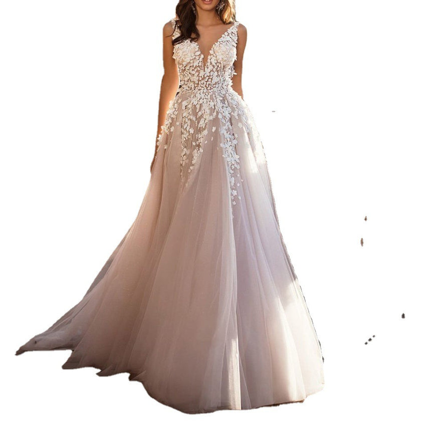 wedding party Lace Dress Sleeveless Deep V-neck Wedding Dress Embroidery