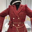 New Gold thread Plaid Suit Coat Women Notched Double breasted Feather Tassel Trim Slim Tweed Jacket With Free Belt bag