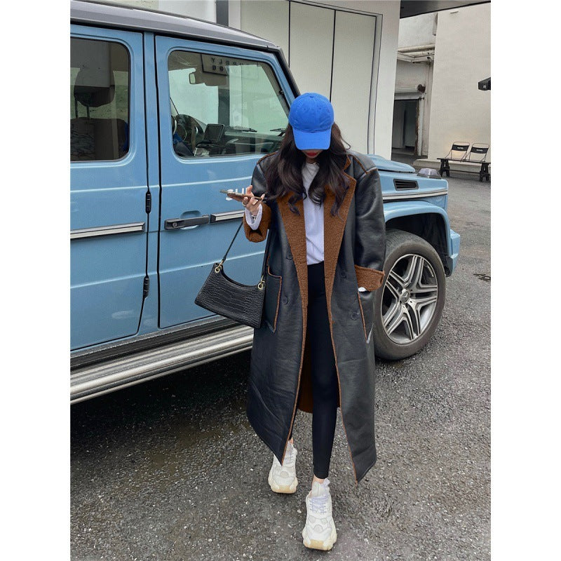 Fur Integrated Lamb Wool Medium Length Thickened Blue Coat