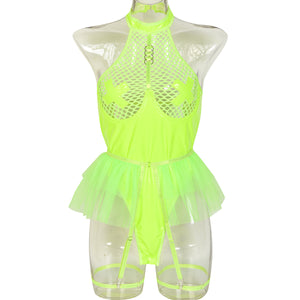 PU Patent Leather Large Grid Cross Pieced Hanging Neck Underwear