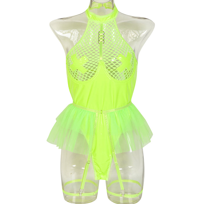 PU Patent Leather Large Grid Cross Pieced Hanging Neck Underwear