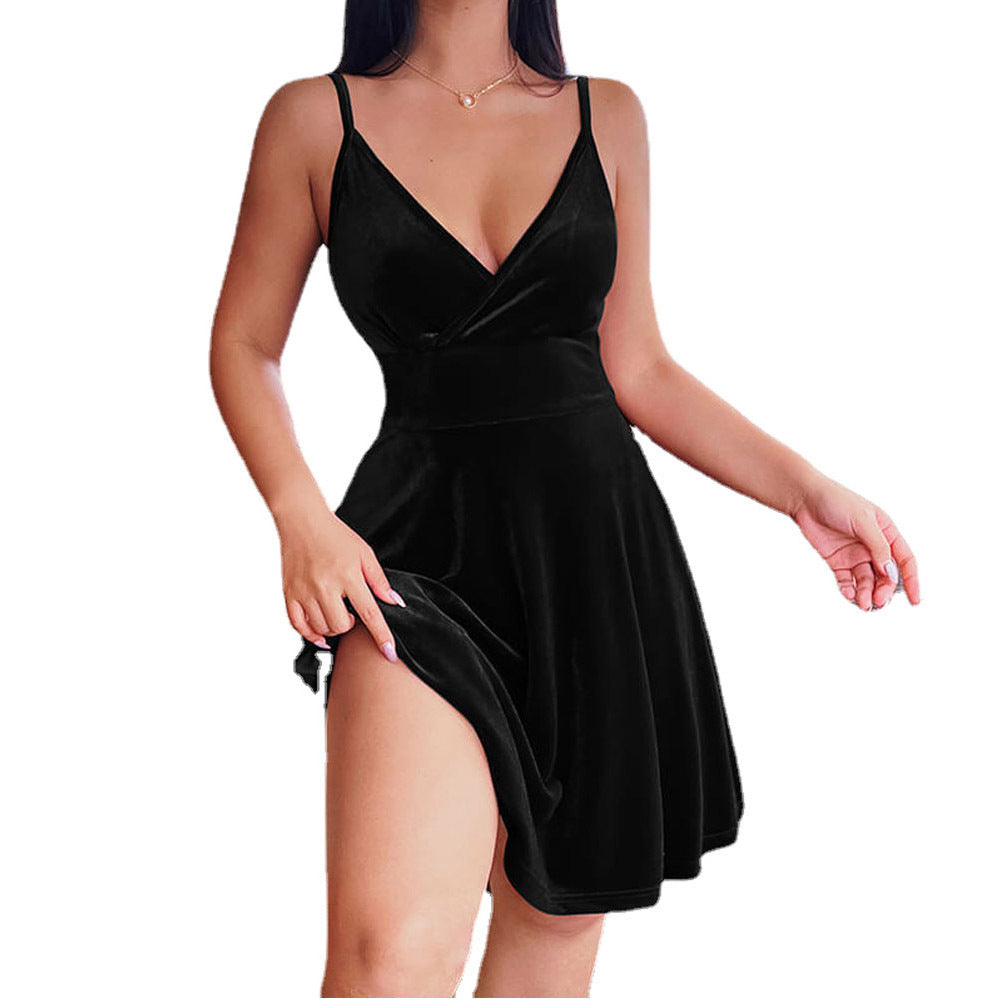 Women's High Waist Low Cut V-Neck Short Skirt Temperament Fashion Party Dress