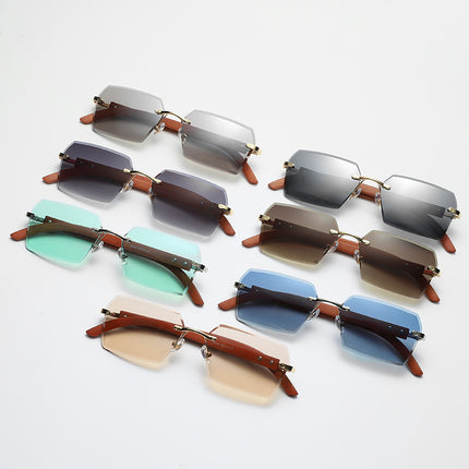 Vintage Wood Grain Temples Cut-Edge Crystal Statement Square Sunglasses