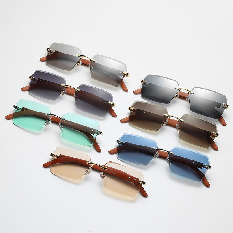 Vintage Wood Grain Temples Cut-Edge Crystal Statement Square Sunglasses