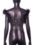 Women's Fashionable Slim-fit Diamond Super Shiny Ostrich Fur Rhinestone Fishnet Top