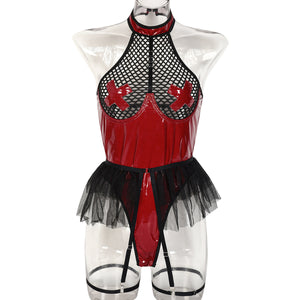 PU Patent Leather Large Grid Cross Pieced Hanging Neck Underwear