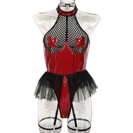 PU Patent Leather Large Grid Cross Pieced Hanging Neck Underwear