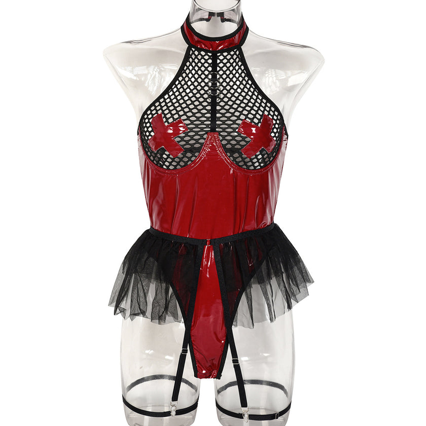 PU Patent Leather Large Grid Cross Pieced Hanging Neck Underwear