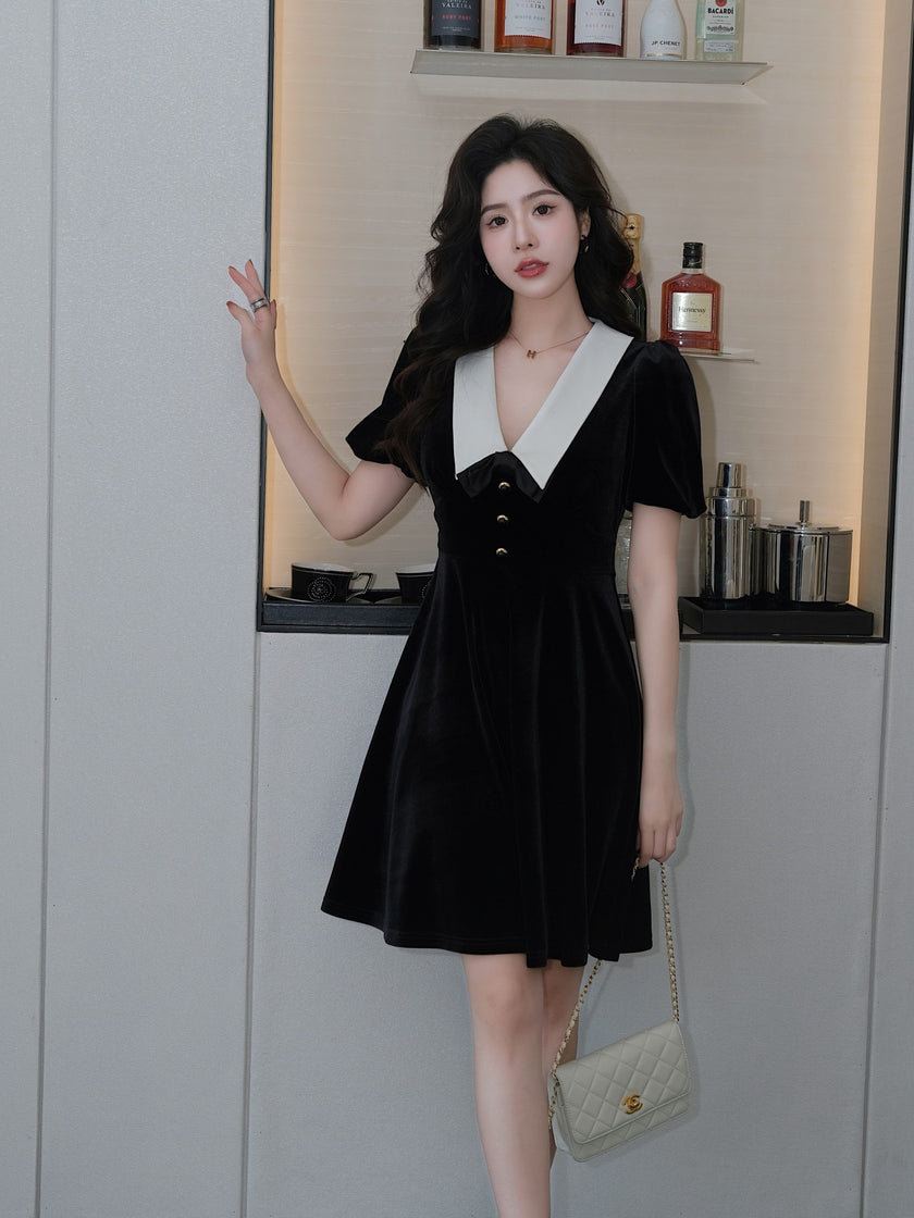 French Style Classic Style Black Velvet Dress