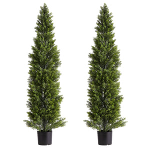 Artificial Topiary Cedar Trees, 60 Inch 2 Set Faux Pine Shrubs Plants, Fake Silk Tree Look Real, Easy Assembly For Decor Front Porch Outdoor Patio Garden Balcony Backyard Indoor Office