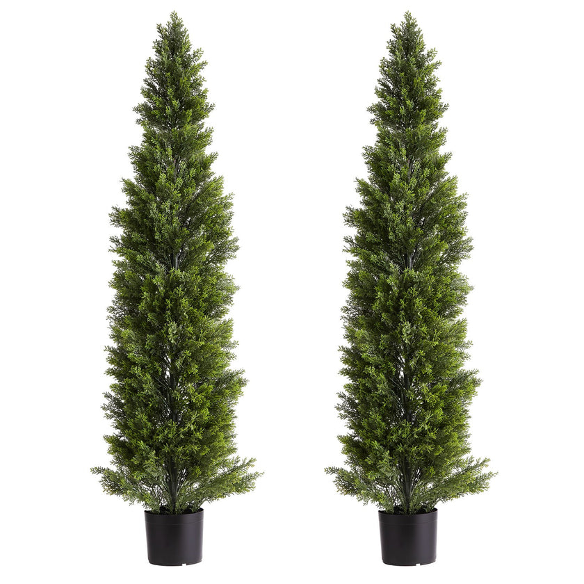 Artificial Topiary Cedar Trees, 60 Inch 2 Set Faux Pine Shrubs Plants, Fake Silk Tree Look Real, Easy Assembly For Decor Front Porch Outdoor Patio Garden Balcony Backyard Indoor Office