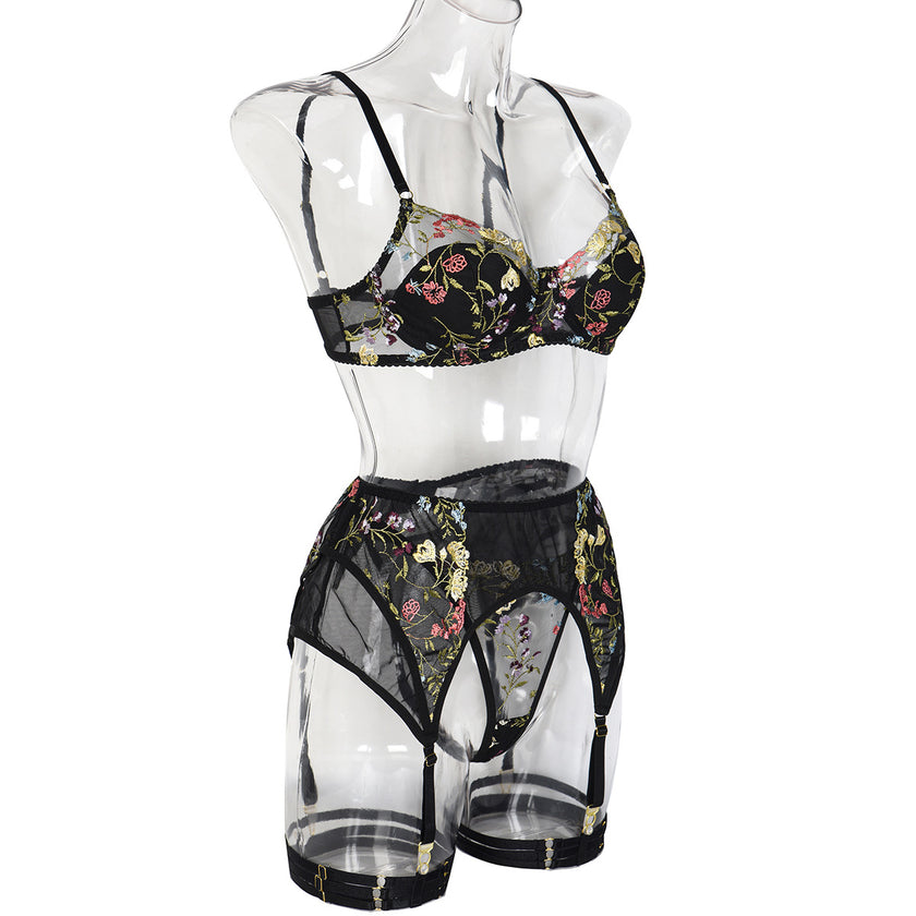 Three-piece Summer New Embroidered Flower Vine Fashion Underwear Set