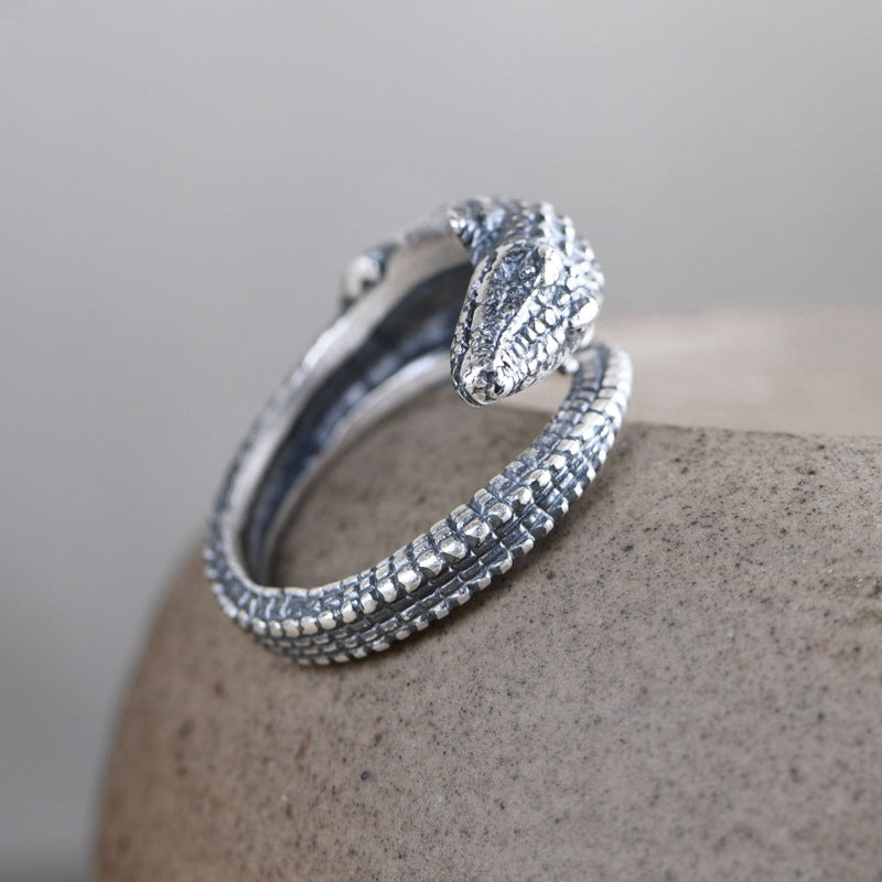 Retro Matte Craft Adjustable Ornament Crocodile Silver Ring