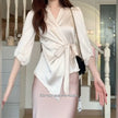 Slimming Waist Trimming Versatile V-neck Half Sleeves Elegant Satin Top For Women