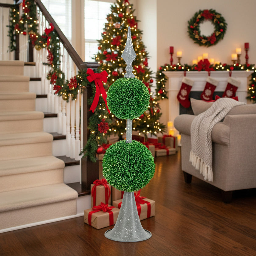 Artificial Tree Boxwood Topiary Two-Tier Natural Spheres D7x26.5in Artificial Plant Metal Stand Home Office Decor