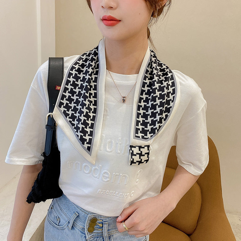 Simple Long Bow Decorated Small Silk Scarf Women