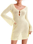 Saodimallsu Womens Crochet Swimsuit Coverup Summer Sexy V Neck Long Bell Sleeve Mesh Knit Bikini Cover Ups Beach Dresses