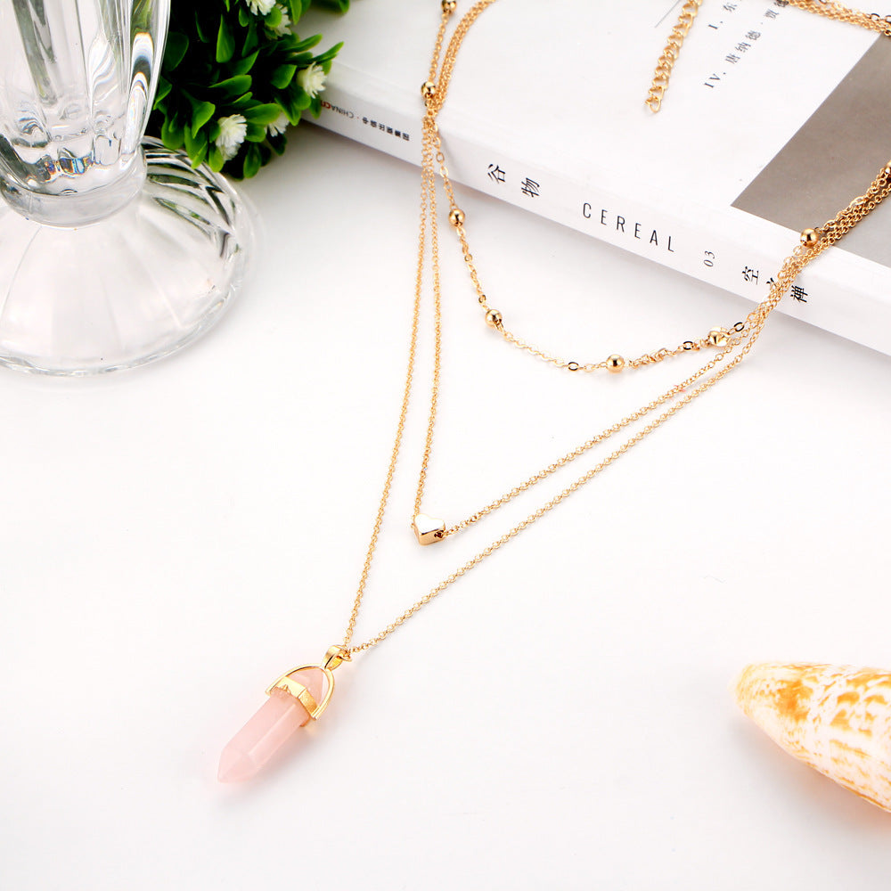 Fashion Copper Peach Heart Crystal Pendant Multi-layer Necklace