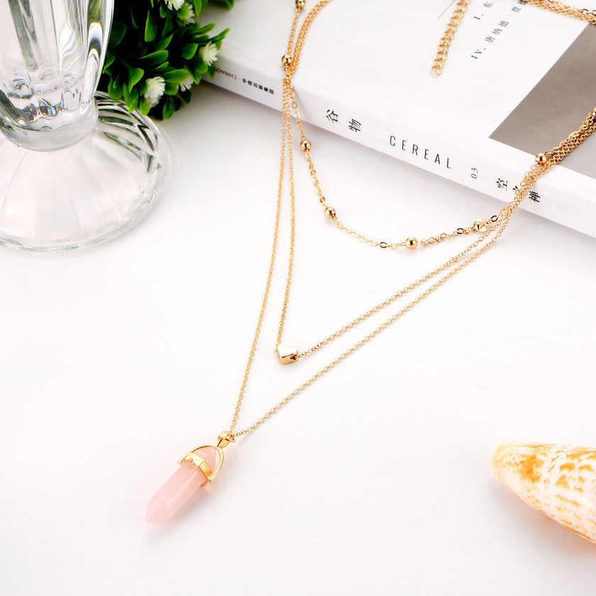 Fashion Copper Peach Heart Crystal Pendant Multi-layer Necklace