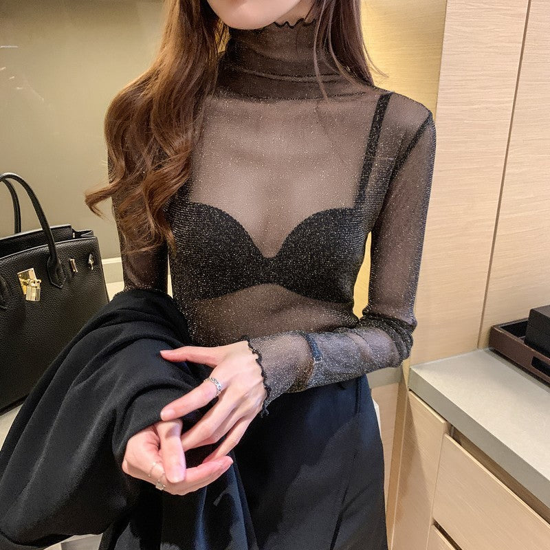 See-through Bright Silk Mesh Slim Fit Long-sleeved Bottoming Shirt For Women