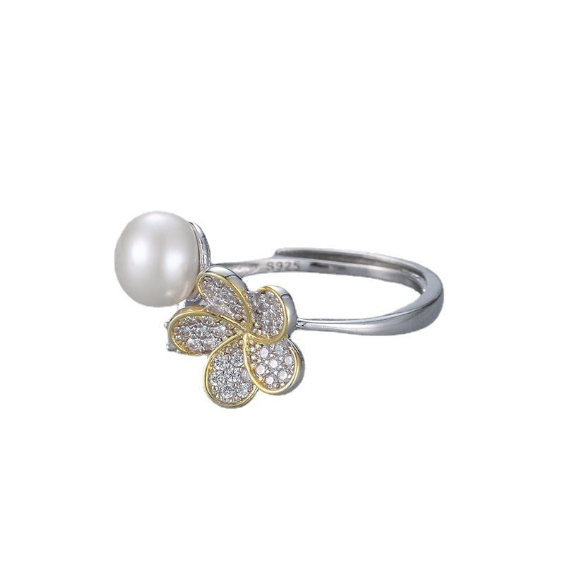 Color Separation Flower Pearl Ring S925 Silver Ring Adjustable