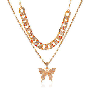Alpcamers Double Layer Cuban Necklace Full Of Diamonds With Large Butterflies