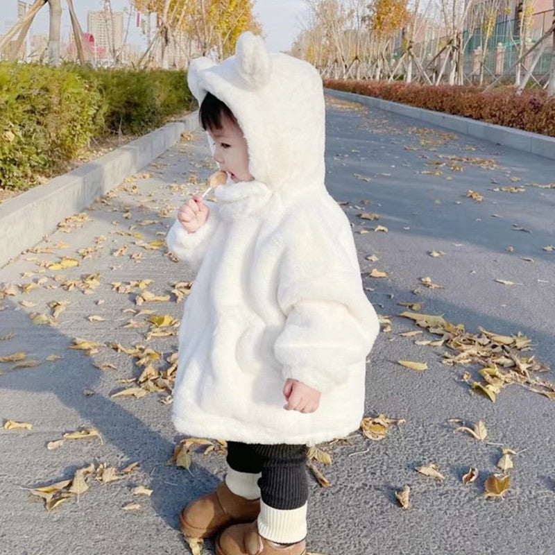 Bear Hooded Plush Cotton-padded Coat Thickened Warm Mid-length Jacket