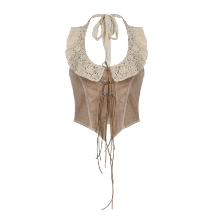 Rural Ancient Lace Stitching Tied Vest For Women