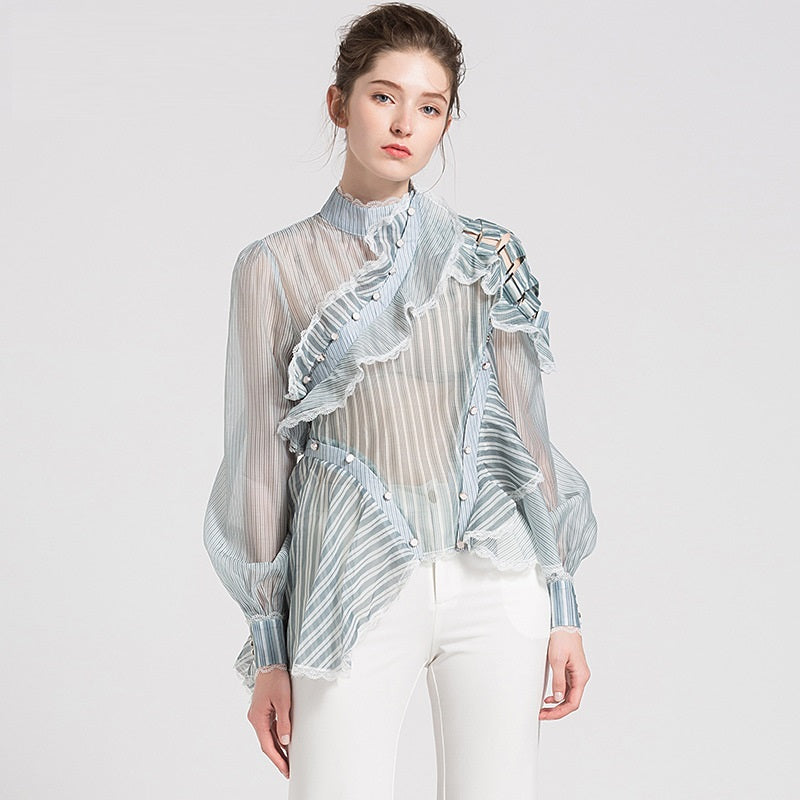 Short Shirt Women Spring Green Striped See-through Organza Turtleneck Patchwork Sexy Top