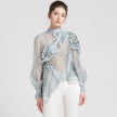 Short Shirt Women Spring Green Striped See-through Organza Turtleneck Patchwork Sexy Top