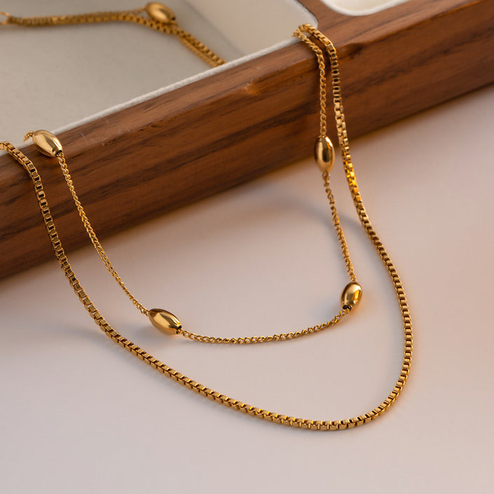 Gold Double Layer Oval Bead Necklace Fashion For Women