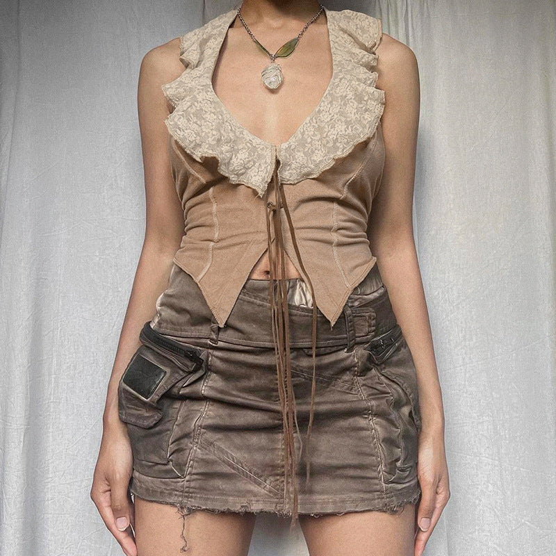 Rural Ancient Lace Stitching Tied Vest For Women