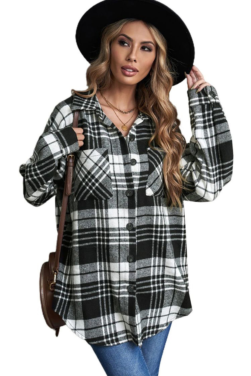 Lapel Single Breasted Shirt Women's Commuting Wear Loose Plaid