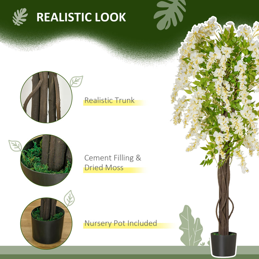 Artificial Realistic White Wisteria Tree Faux Decorative Plant In Nursery Pot For Indoor Décor, 160cm