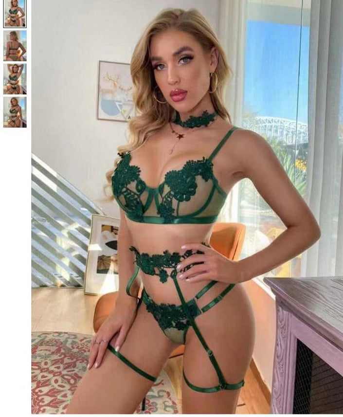 Three-point Women's Underwear Backless Lace Overall Dress Set