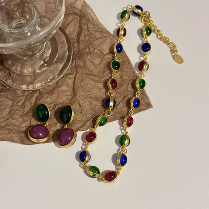 Double Round Ball Colorful Middle-ancient Heavy Industry Earrings Vintage Colored Glaze Niche Necklace
