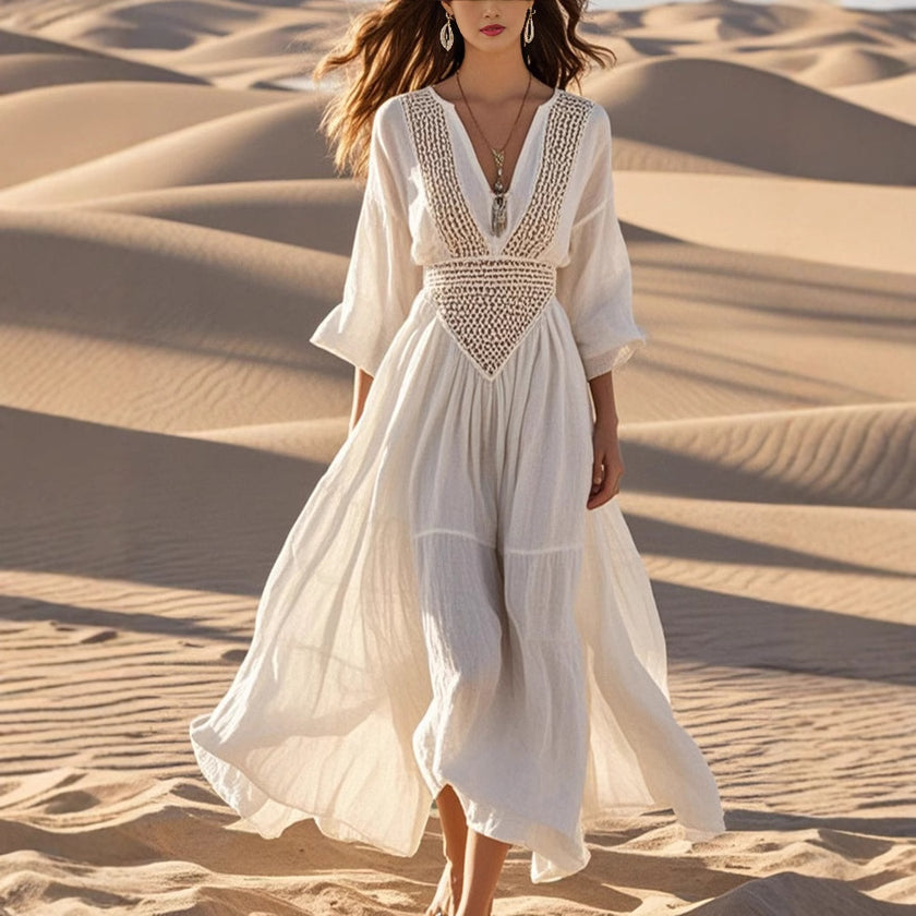 Stitching Beach Seaside Vacation Hollow Dress