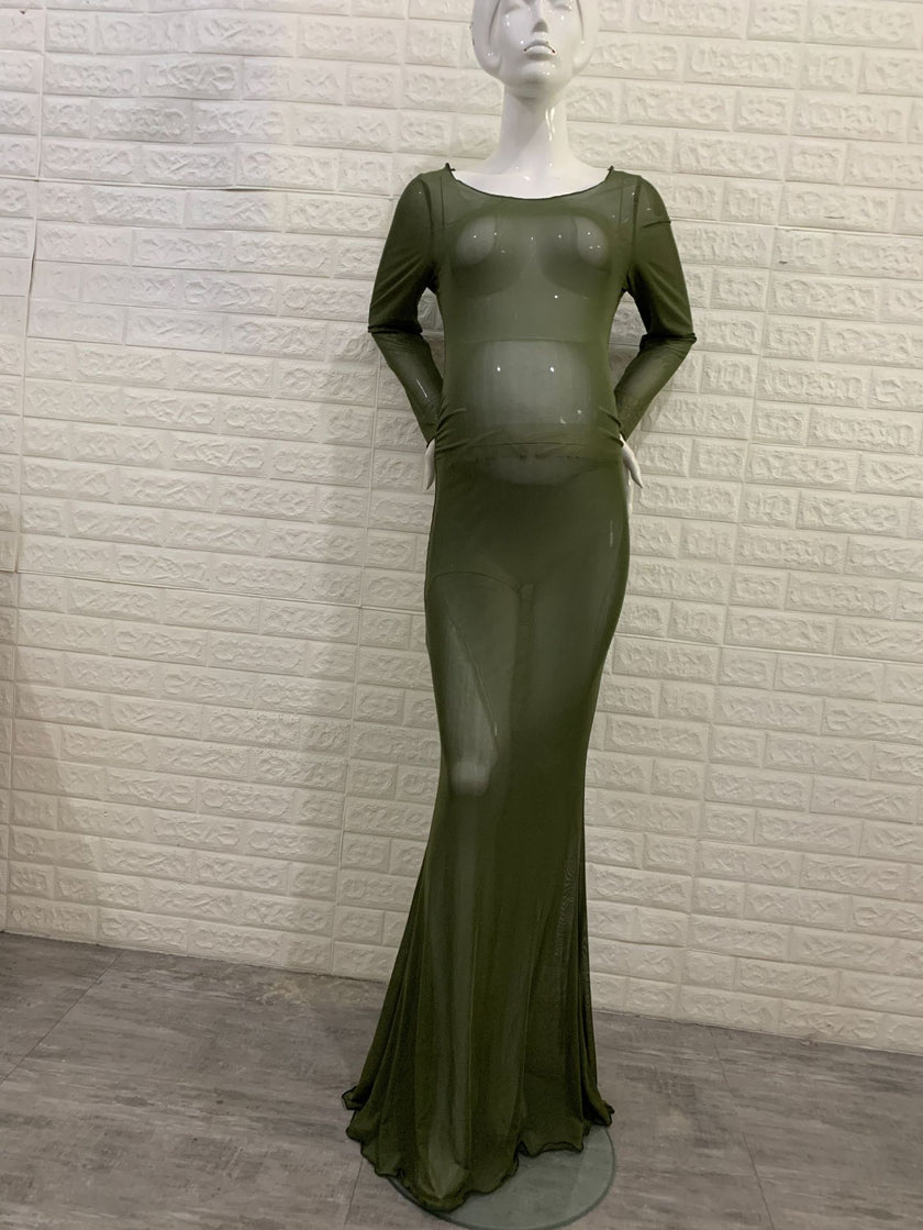 Women's Clothing See-through High Elastic Net Round Neck Slim Fit Pregnant Women Mopping Dress