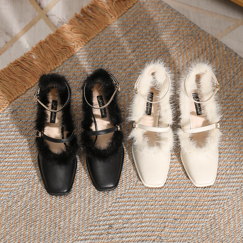 Retro Square Toe Single New Mink Fur French Style Chunky High Heels For Women