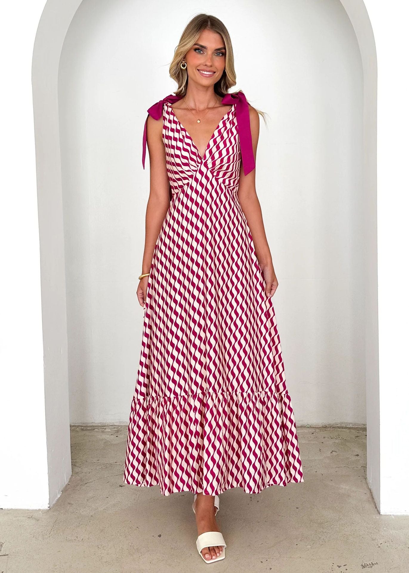 Tied V-neck Sleeveless Printed Dress Women