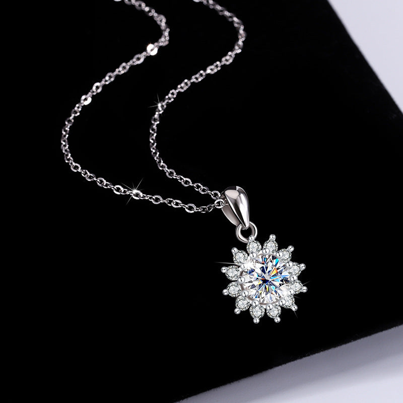 Women's Sterling Silver SUNFLOWER Diamond Pendant Moissanite Necklace
