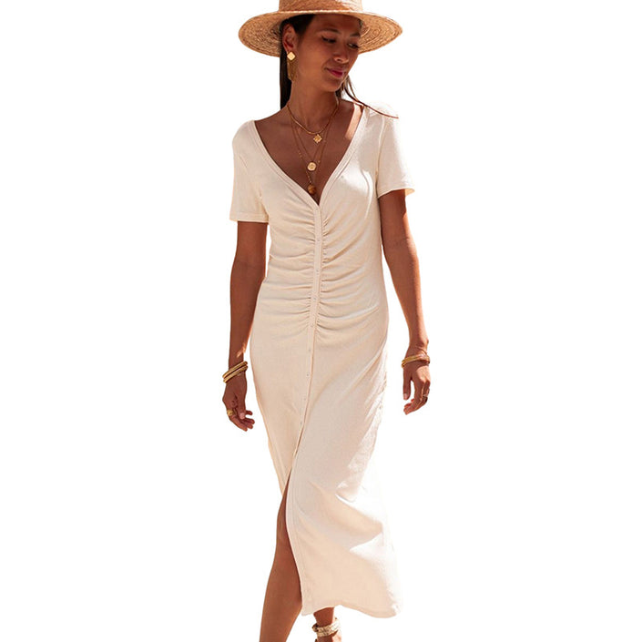 French Style V-neck Short Sleeve Dress Women