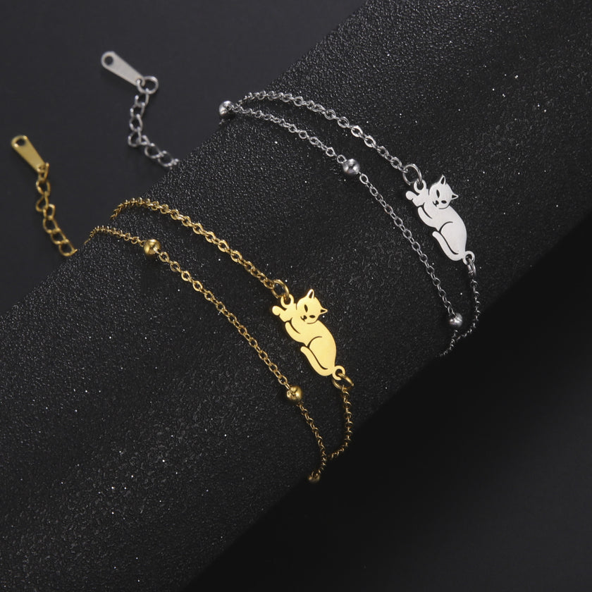 Cute Double Hole Lying Kitten Pendant Titanium Steel Bracelet